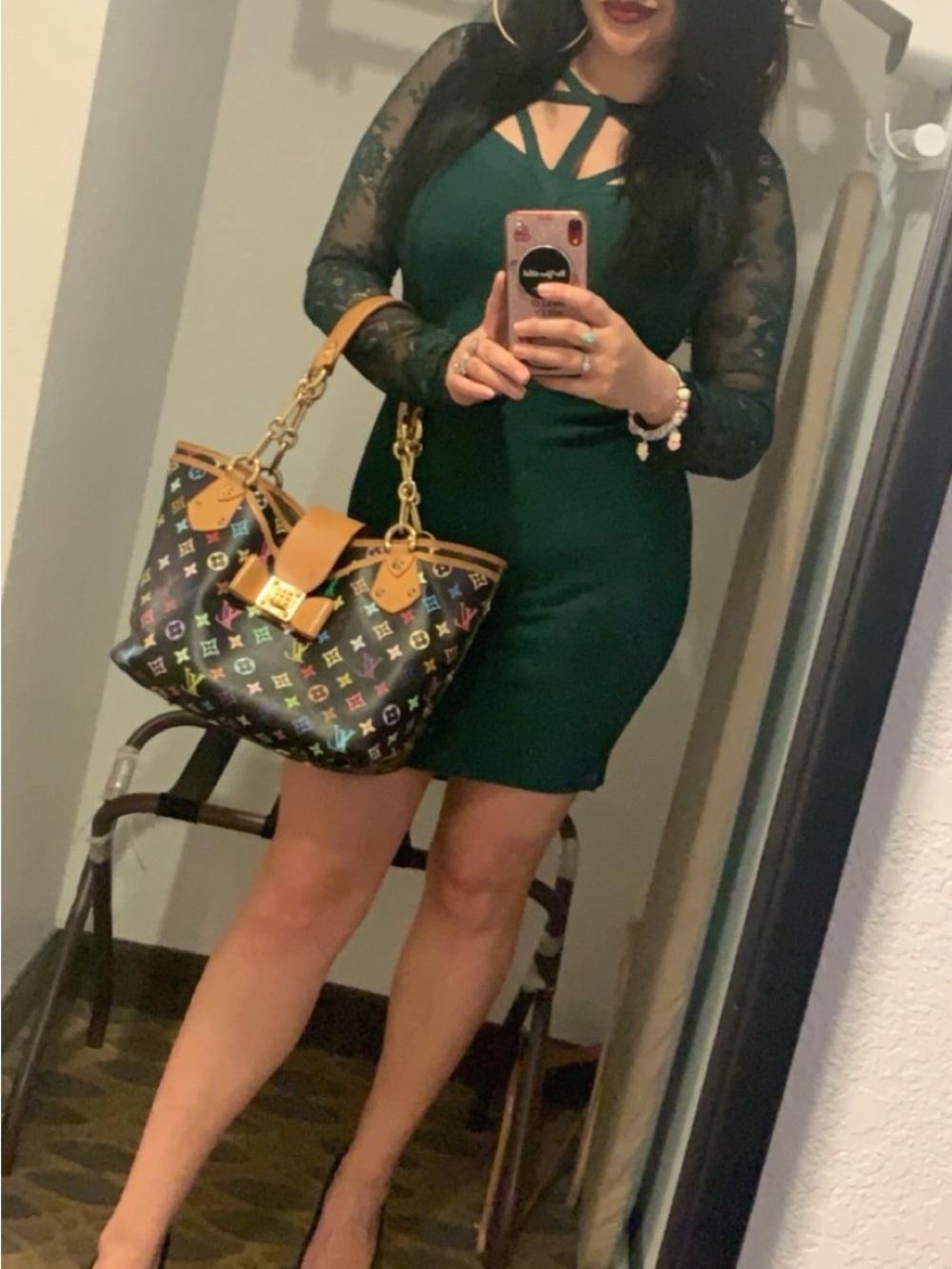 Guess green Lace Long-Sleeve Bodycon Dress with Strappy Neckline